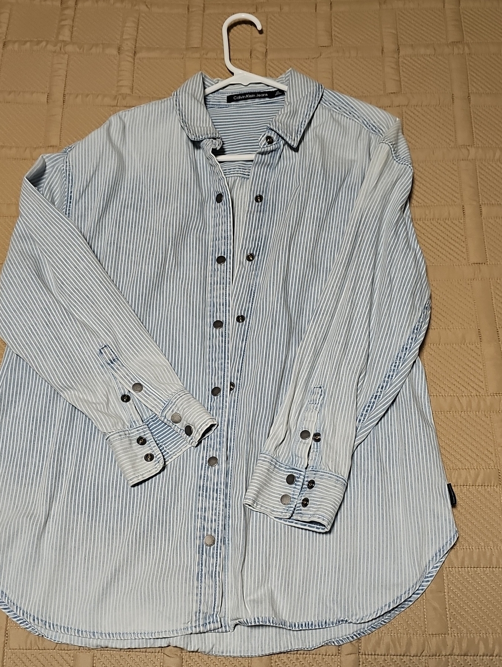Calvin Klein Womens Light Blue and White Pinstripe Button-Down Shirt